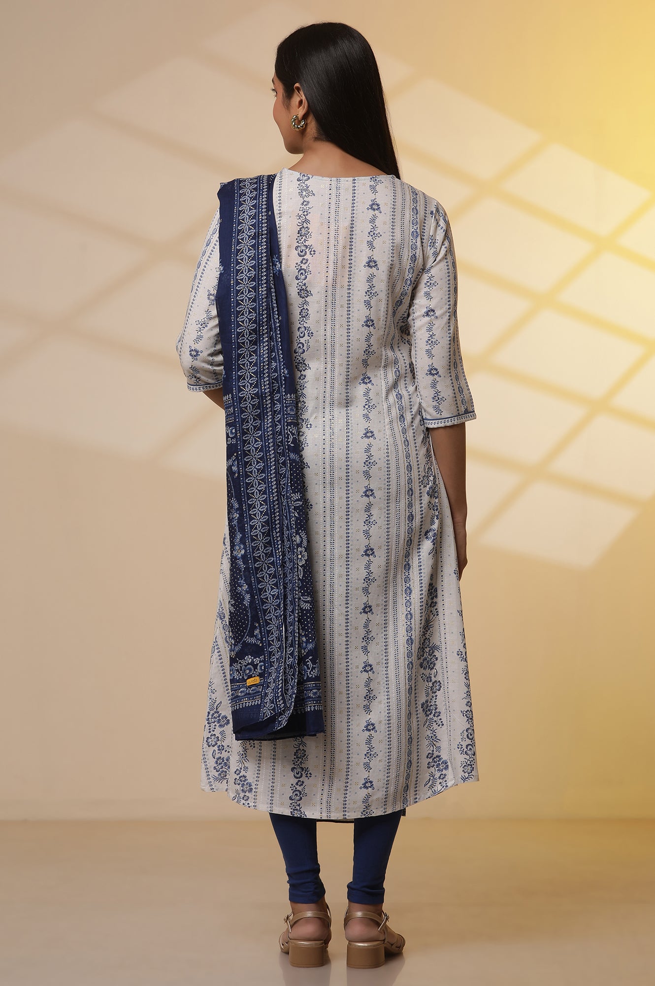 White Printed A-line Kurta, Tights and Dupatta Set