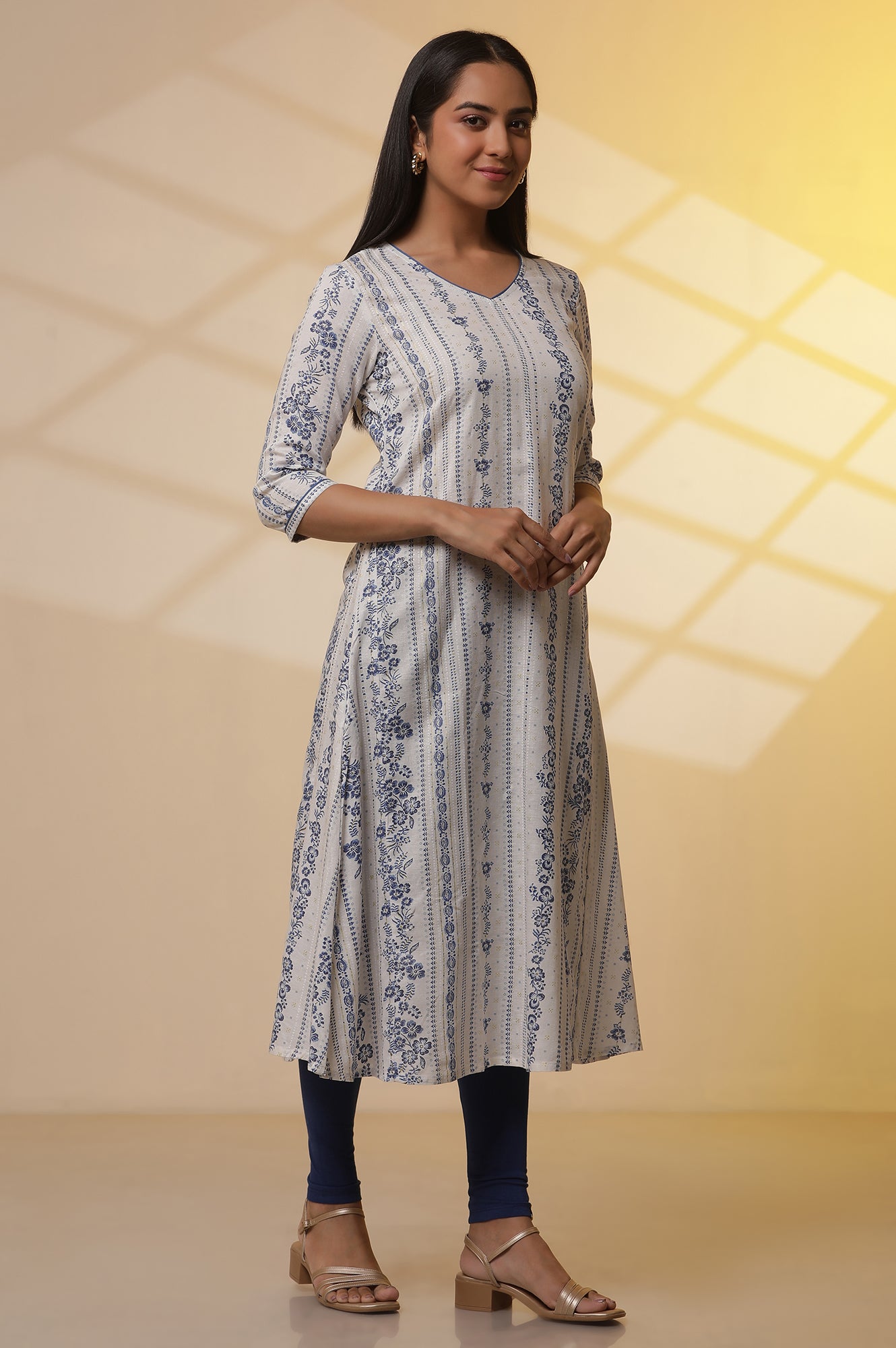 White Printed A-line Kurta, Tights and Dupatta Set