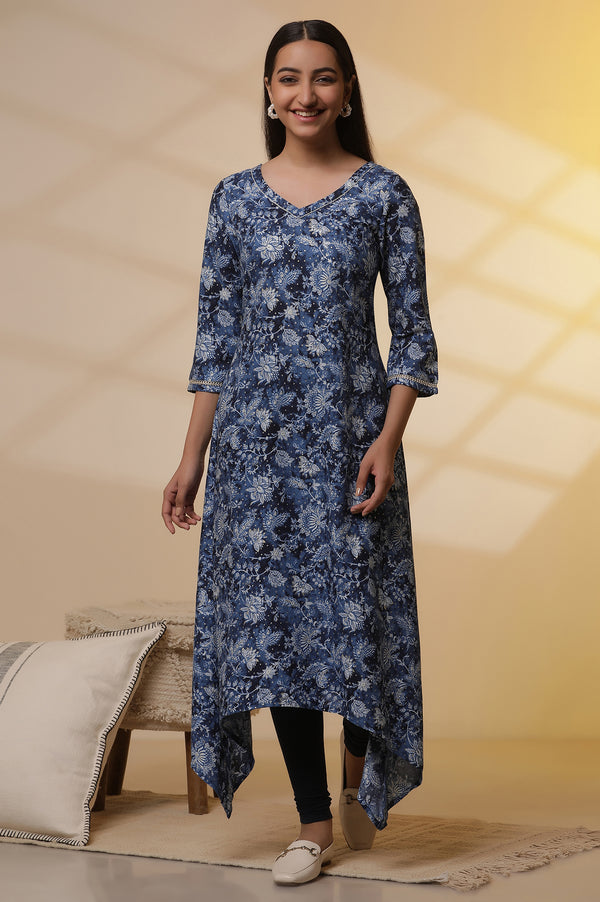 Blue Floral Printed Asymmetrical Kurta and Denim Jegging Set