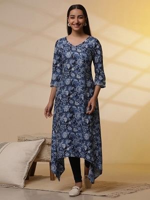 Blue Floral Printed Asymmetrical Kurta and Denim Jegging Set