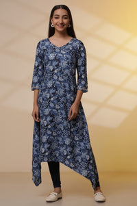 Blue Floral Printed Asymmetrical Kurta and Denim Jegging Set