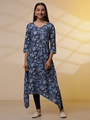 Blue Floral Printed Asymmetrical Kurta and Denim Jegging Set