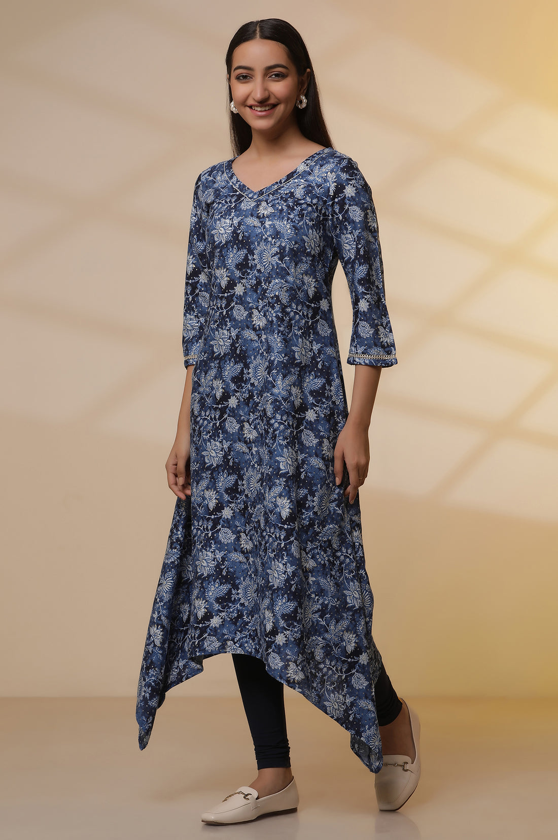 Blue Floral Printed Asymmetrical Kurta and Denim Jegging Set