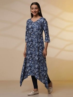 Blue Floral Printed Asymmetrical Kurta and Denim Jegging Set