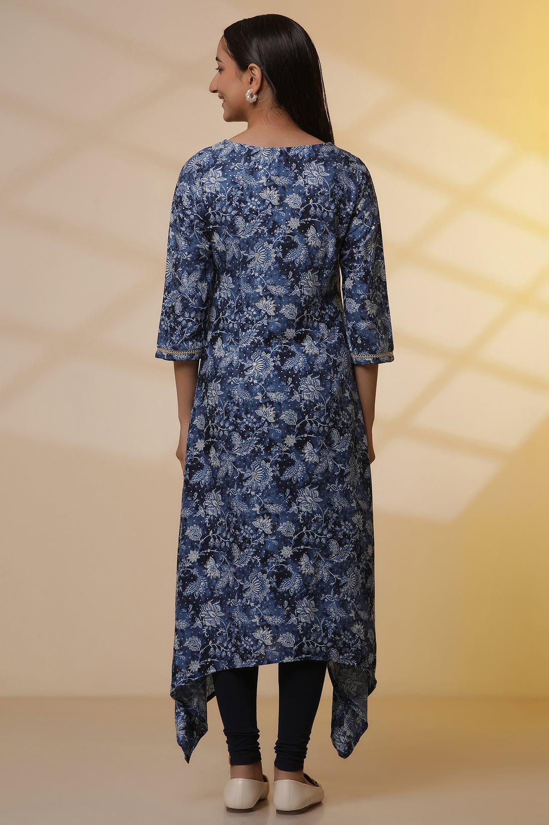 Blue Floral Printed Asymmetrical Kurta and Denim Jegging Set