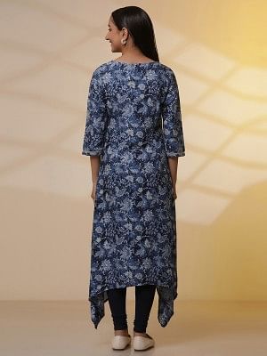 Blue Floral Printed Asymmetrical Kurta and Denim Jegging Set