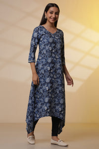 Blue Floral Printed Asymmetrical Kurta and Denim Jegging Set
