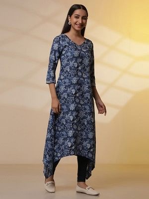 Blue Floral Printed Asymmetrical Kurta and Denim Jegging Set