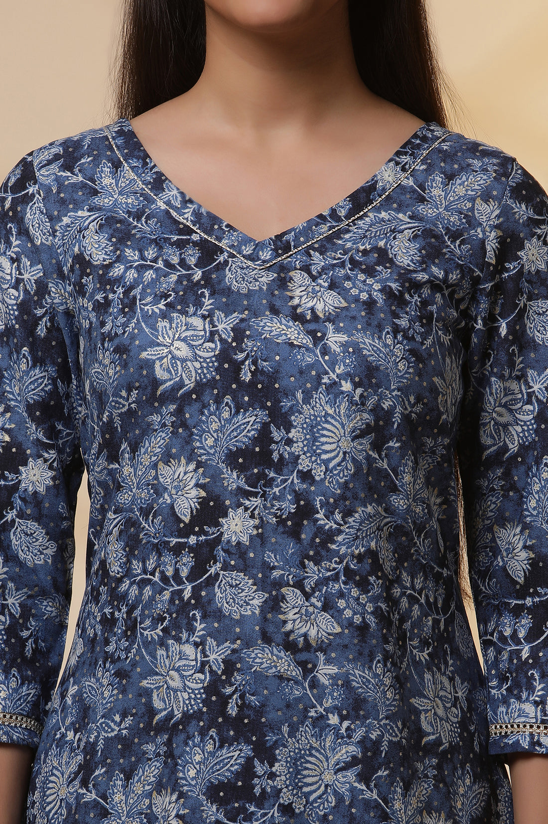 Blue Floral Printed Asymmetrical Kurta and Denim Jegging Set