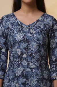 Blue Floral Printed Asymmetrical Kurta and Denim Jegging Set