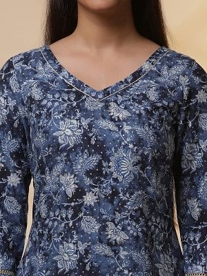 Blue Floral Printed Asymmetrical Kurta and Denim Jegging Set