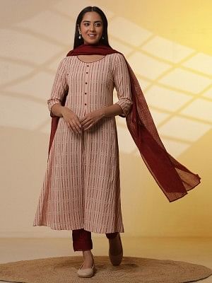 Almond Beige Printed Flared Kurta, Trousers and Dupatta Set - XS