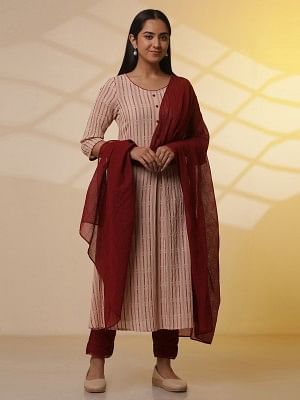 Almond Beige Printed Flared Kurta, Trousers and Dupatta Set