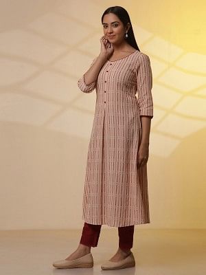 Almond Beige Printed Flared Kurta, Trousers and Dupatta Set