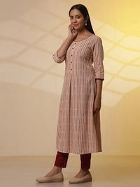 Almond Beige Printed Flared Kurta, Trousers and Dupatta Set