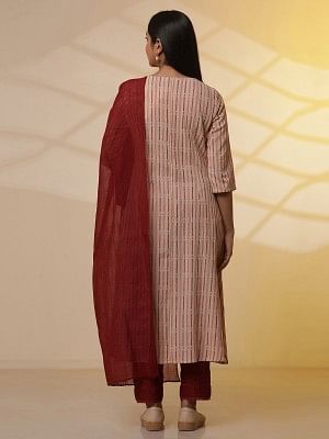 Almond Beige Printed Flared Kurta, Trousers and Dupatta Set