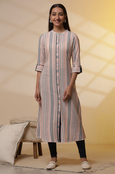 Multi-coloured Stripe Dobby Kurta and Tights Set