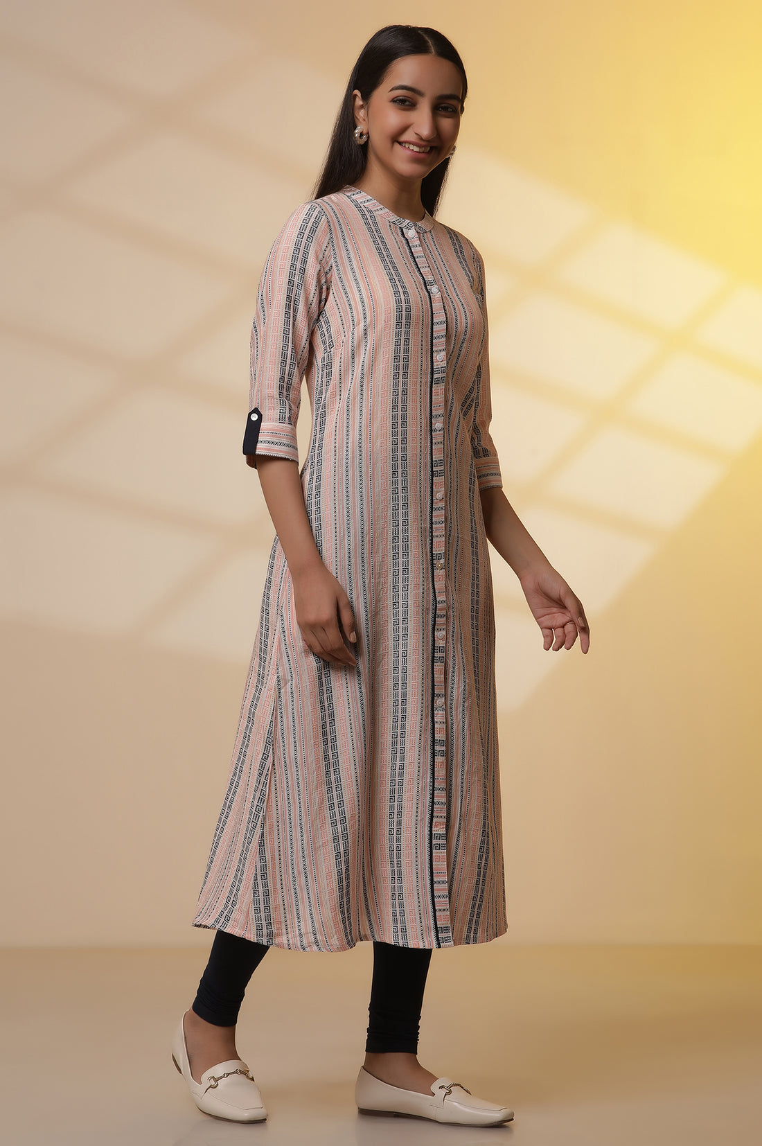 Multi-coloured Stripe Dobby Kurta and Tights Set