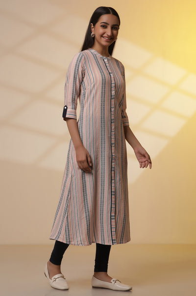 Multi-coloured Stripe Dobby Kurta and Tights Set