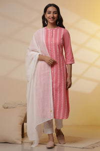 Pink Striped Shirt Style Kurta, Pants and Dupatta Set