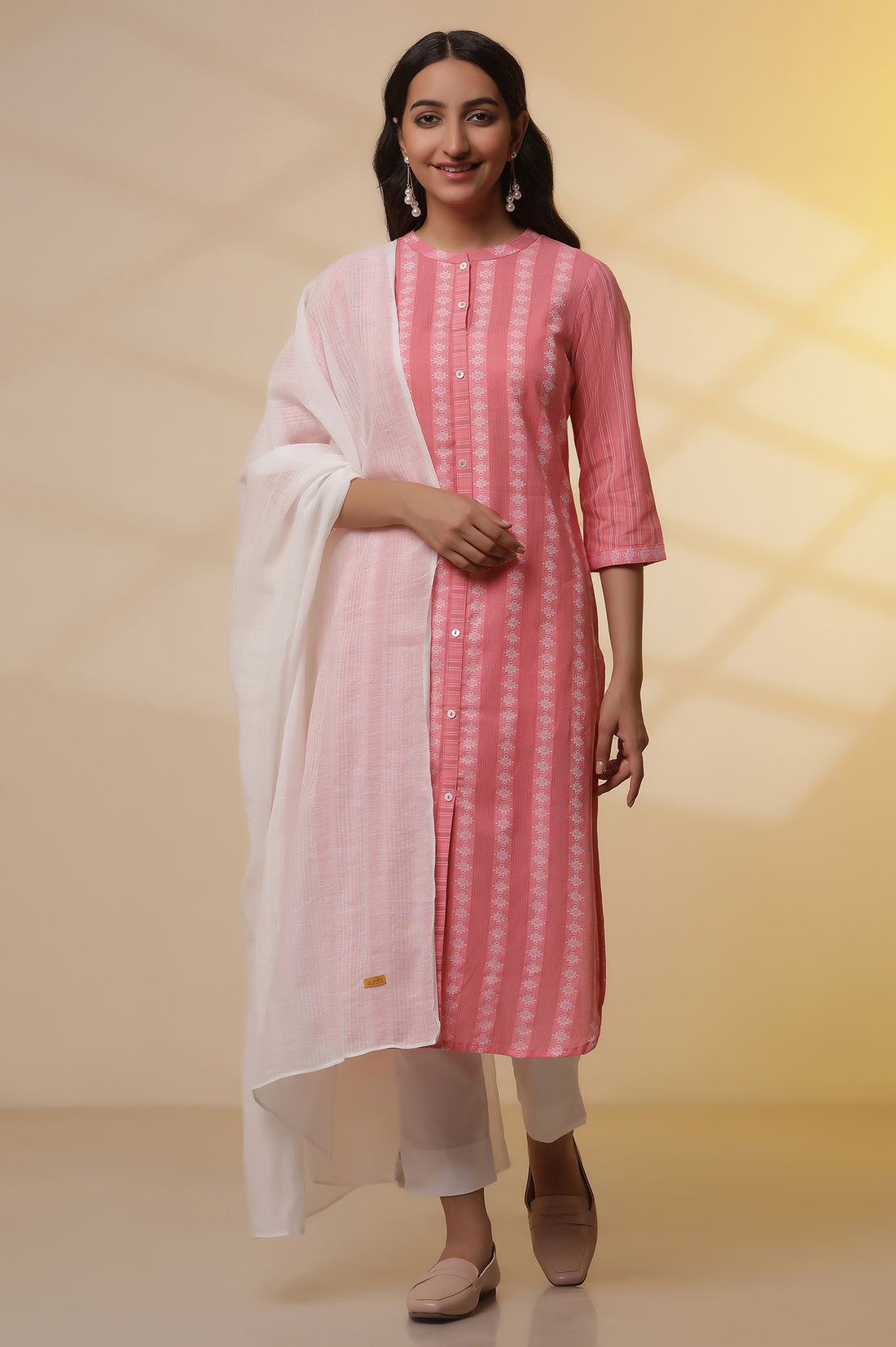 Pink Striped Shirt Style Kurta, Pants and Dupatta Set
