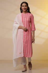 Pink Striped Shirt Style Kurta, Pants and Dupatta Set