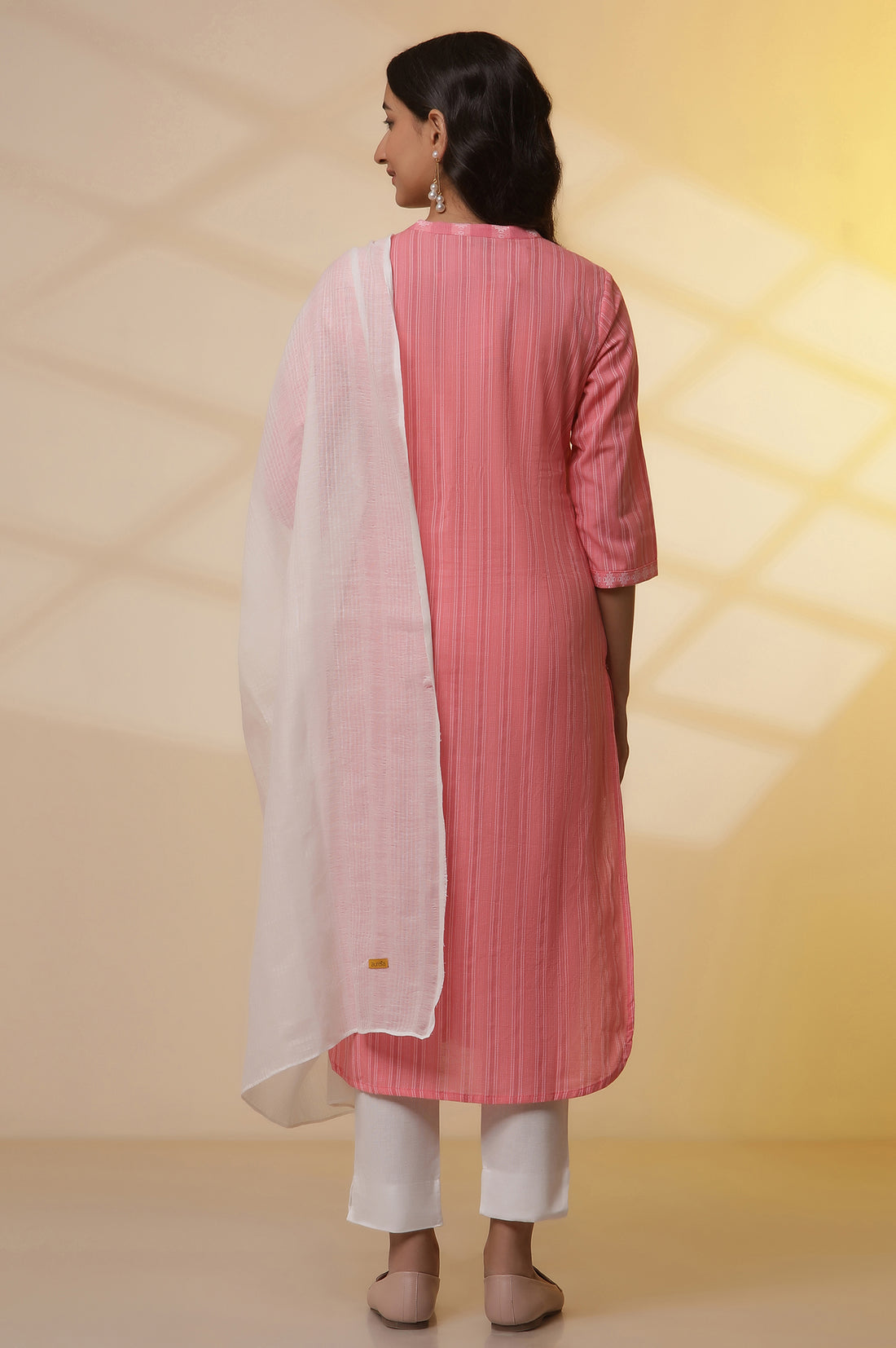 Pink Striped Shirt Style Kurta, Pants and Dupatta Set