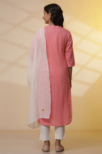 Pink Striped Shirt Style Kurta, Pants and Dupatta Set