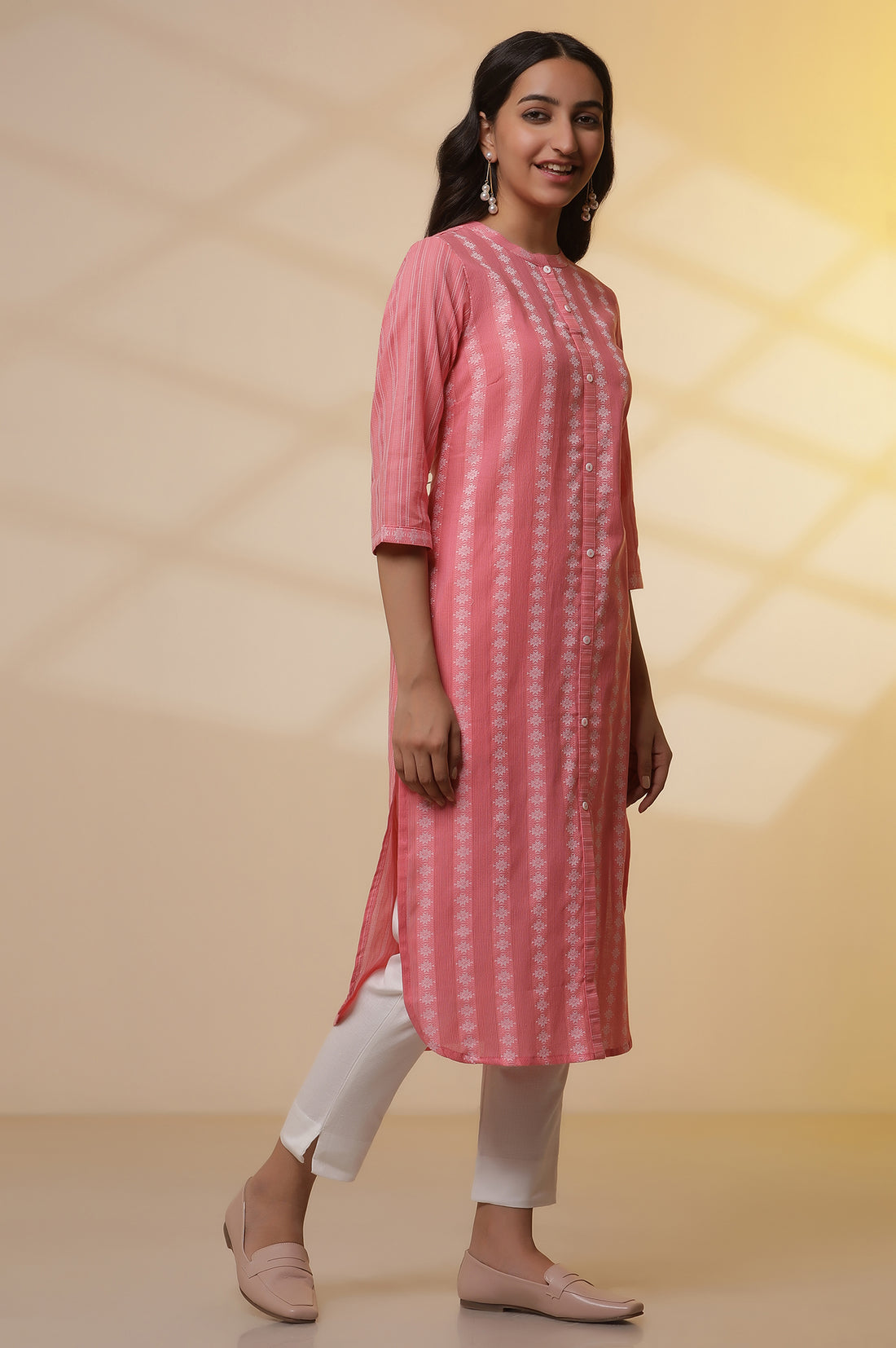Pink Striped Shirt Style Kurta, Pants and Dupatta Set