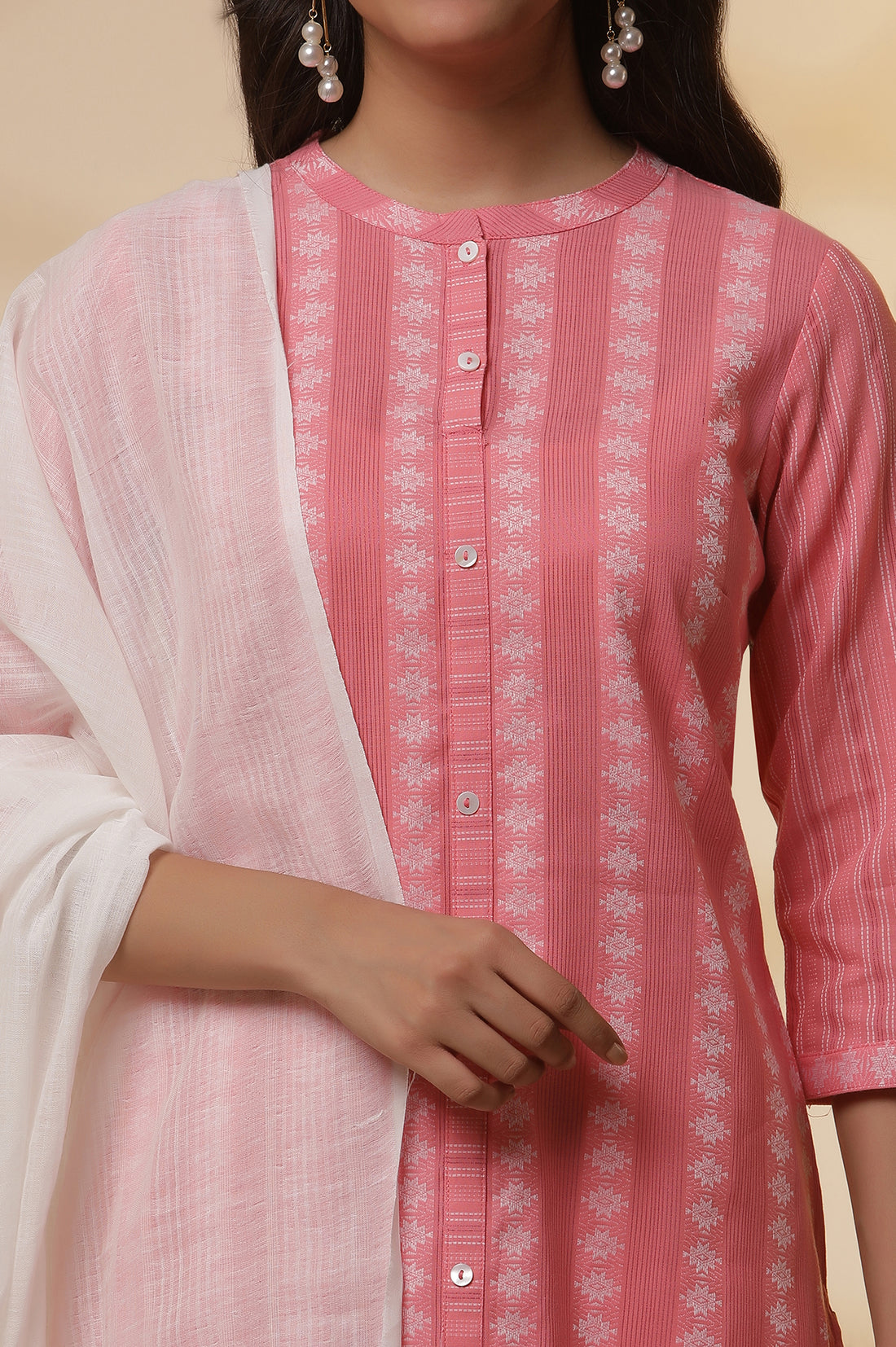 Pink Striped Shirt Style Kurta, Pants and Dupatta Set