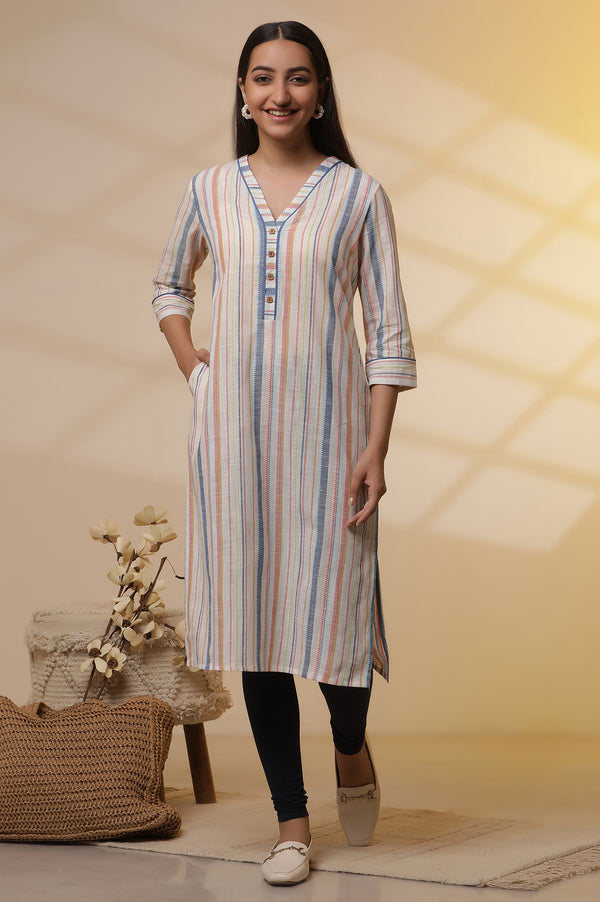 Off-White Stripe Printed Cotton Kurta and Tights Set