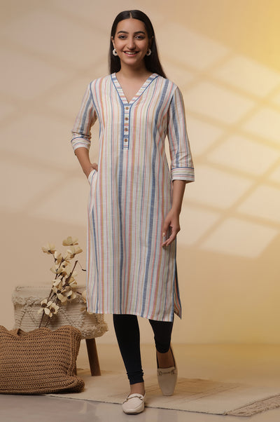 Off-White Stripe Printed Cotton Kurta and Tights Set