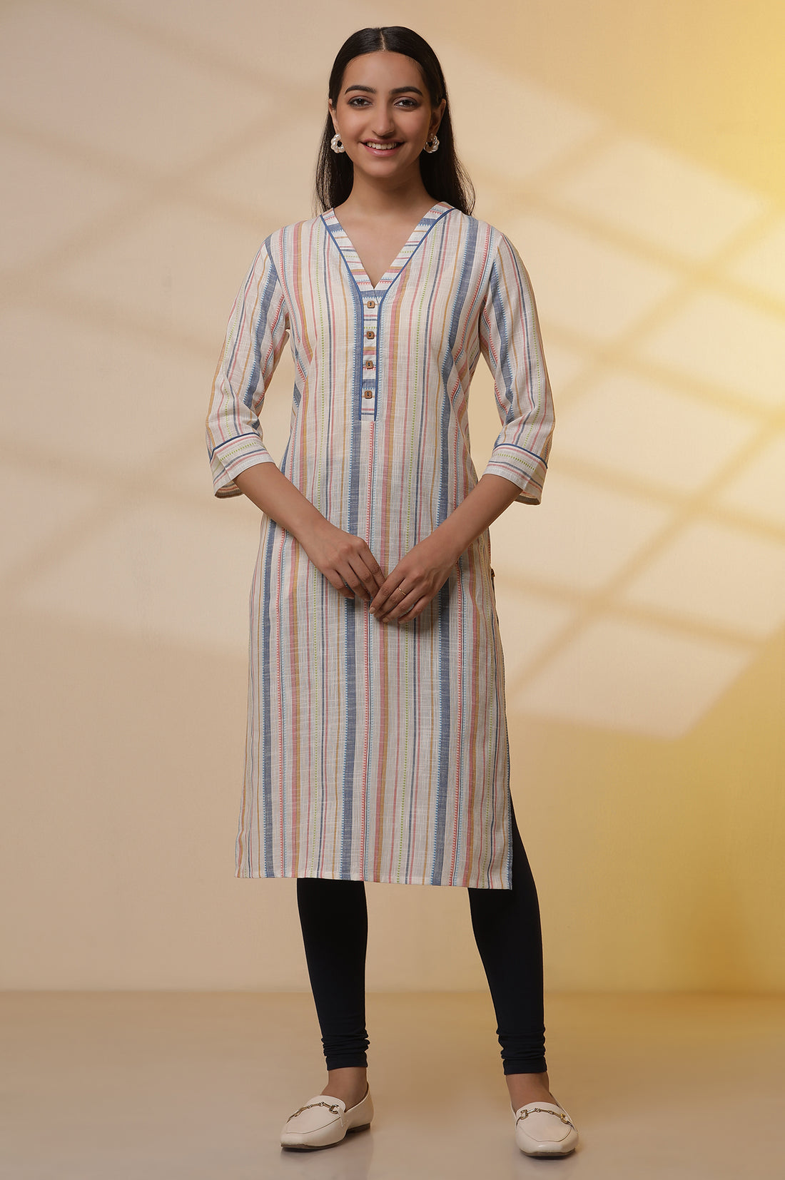 Off-White Stripe Printed Cotton Kurta and Tights Set