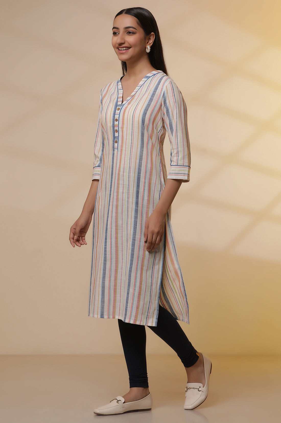 Off-White Stripe Printed Cotton Kurta and Tights Set