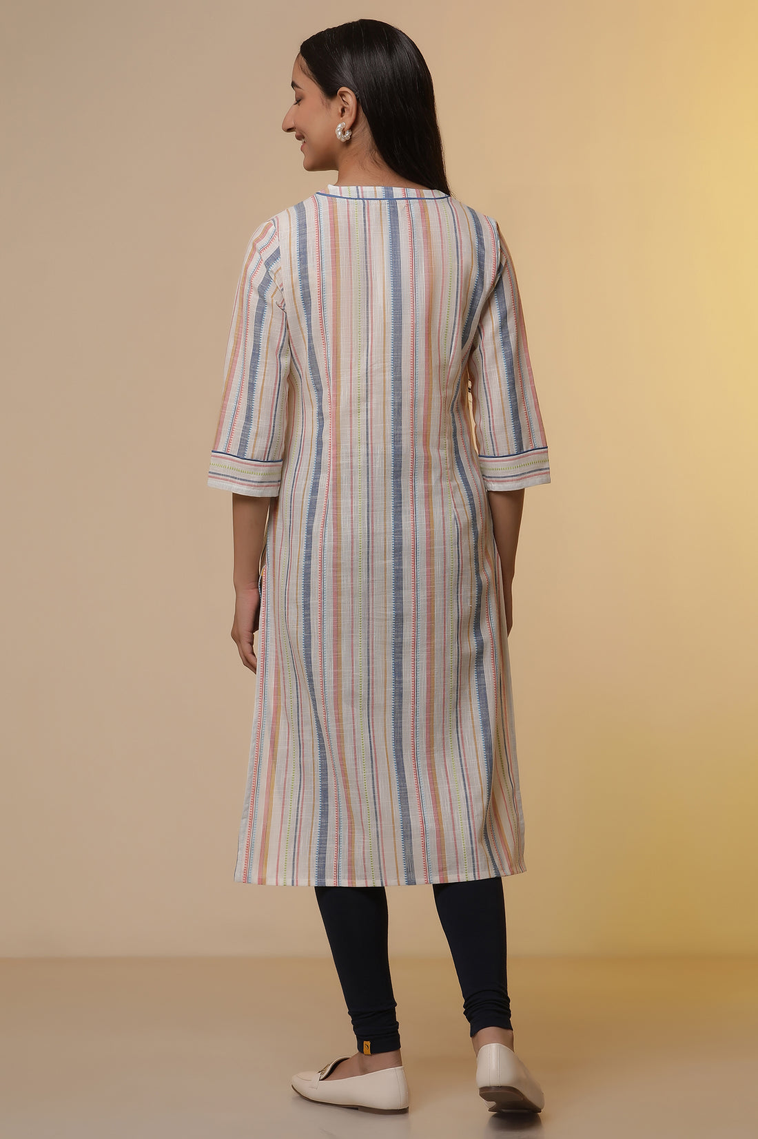 Off-White Stripe Printed Cotton Kurta and Tights Set