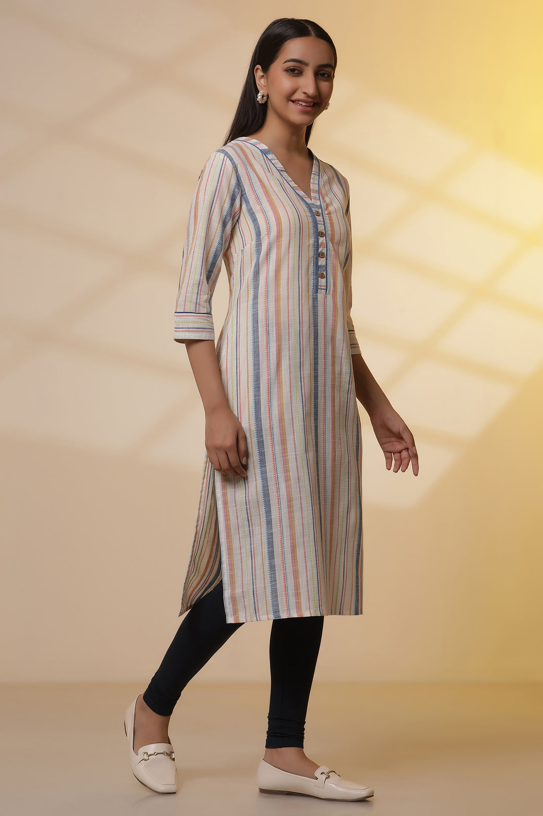 Off-White Stripe Printed Cotton Kurta and Tights Set
