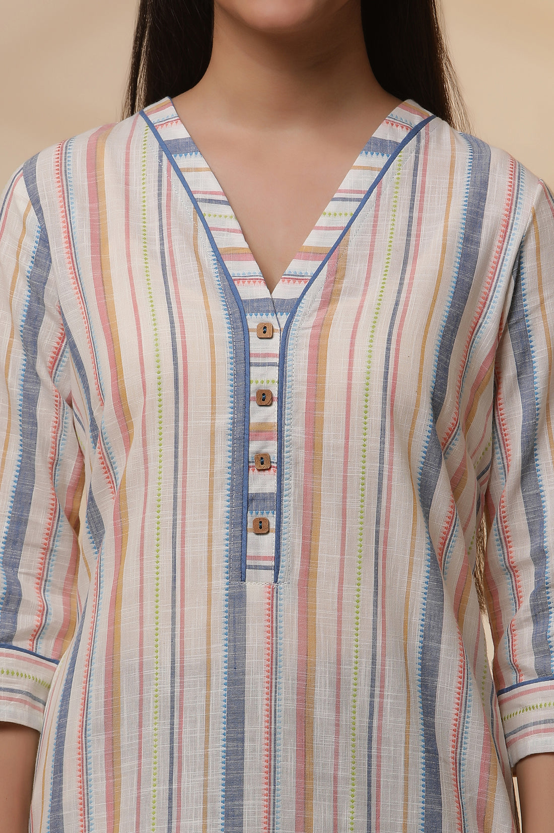 Off-White Stripe Printed Cotton Kurta and Tights Set