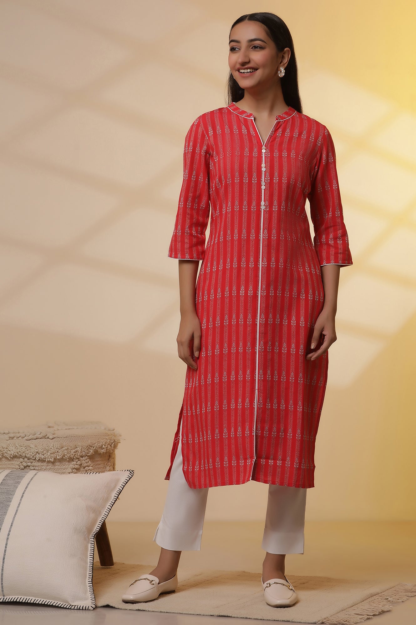 Red Yarn-Dyed Straight Kurta and Pants Set