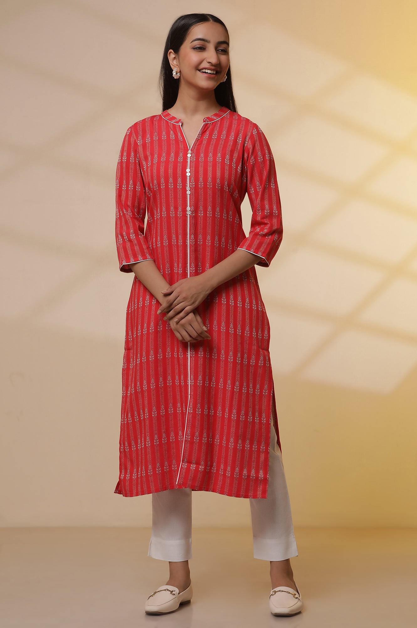 Red Yarn-Dyed Straight Kurta and Pants Set