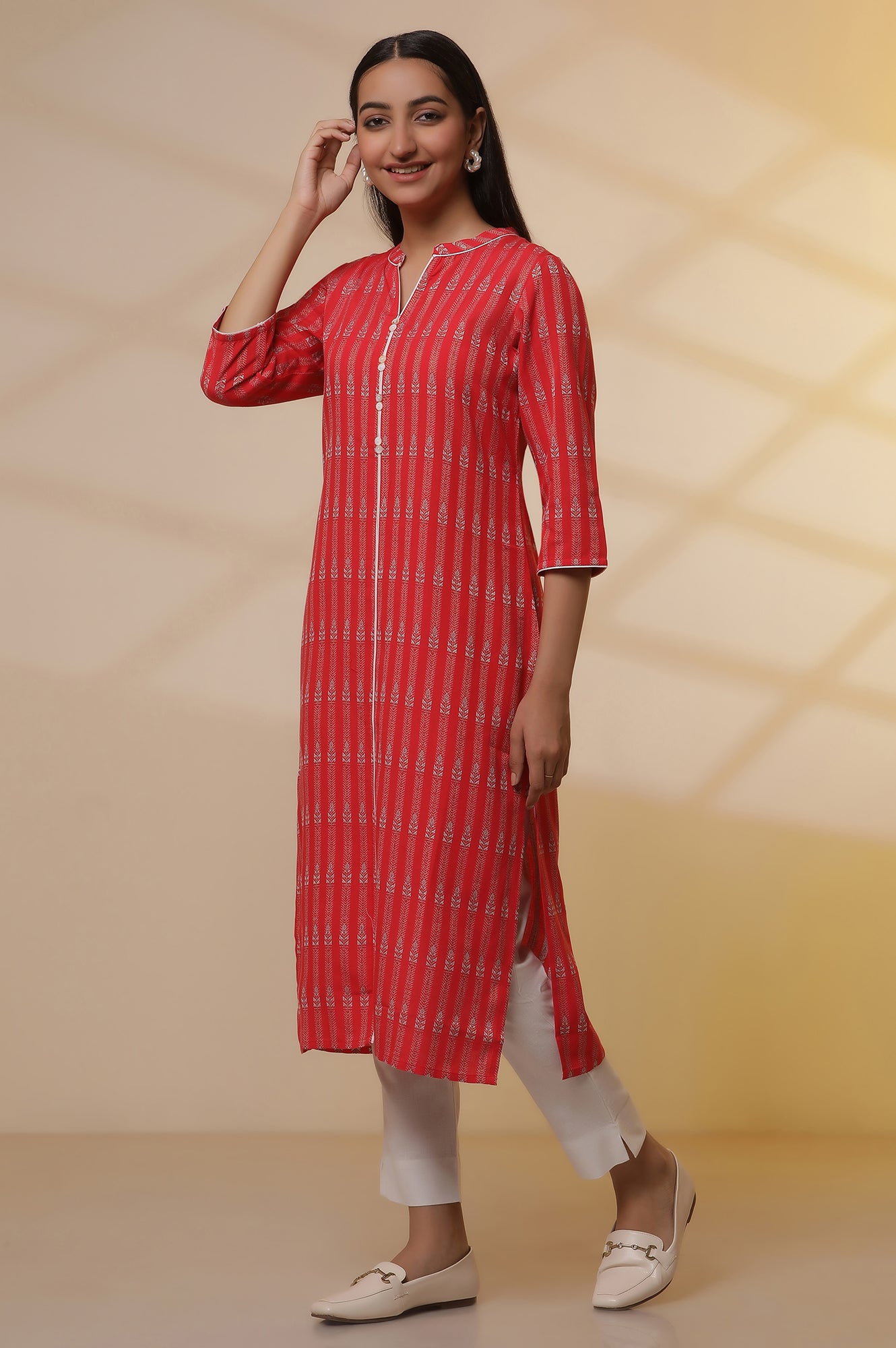 Red Yarn-Dyed Straight Kurta and Pants Set