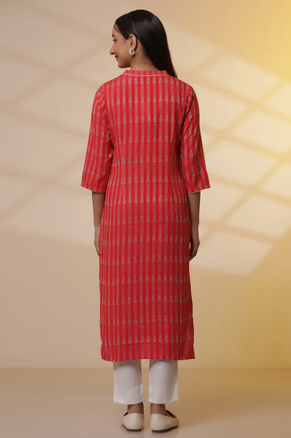 Red Yarn-Dyed Straight Kurta and Pants Set