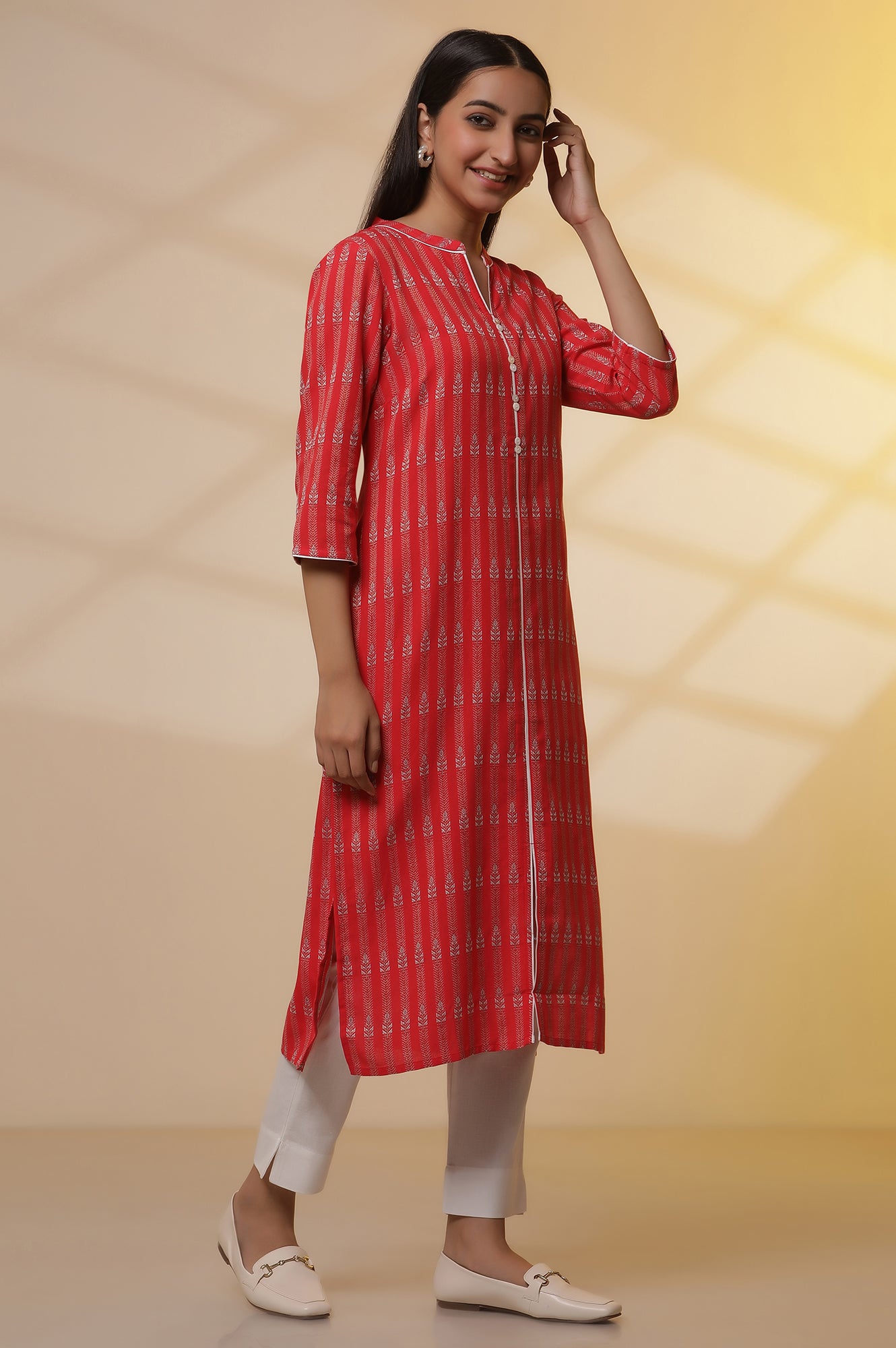 Red Yarn-Dyed Straight Kurta and Pants Set