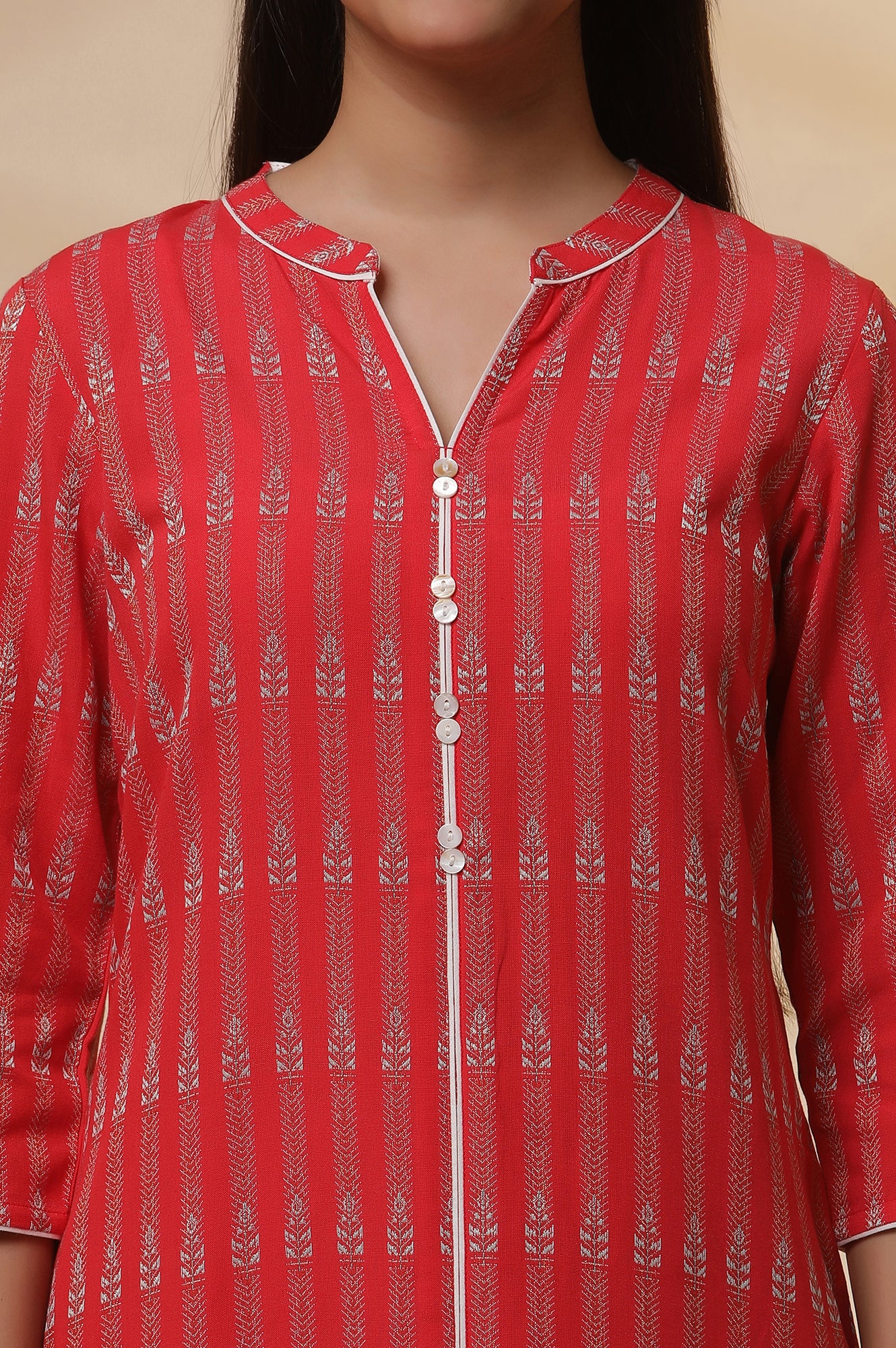 Red Yarn-Dyed Straight Kurta and Pants Set