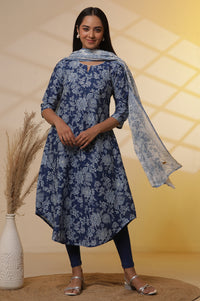 Blue Floral Printed A-line Kurta, Tights and Dupatta Set