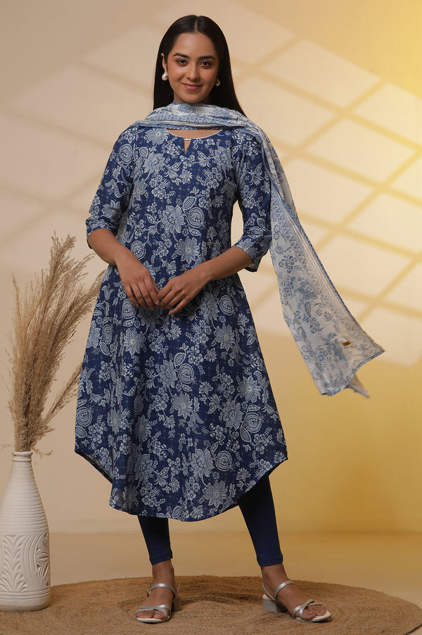 Blue Floral Printed A-line Kurta, Tights and Dupatta Set