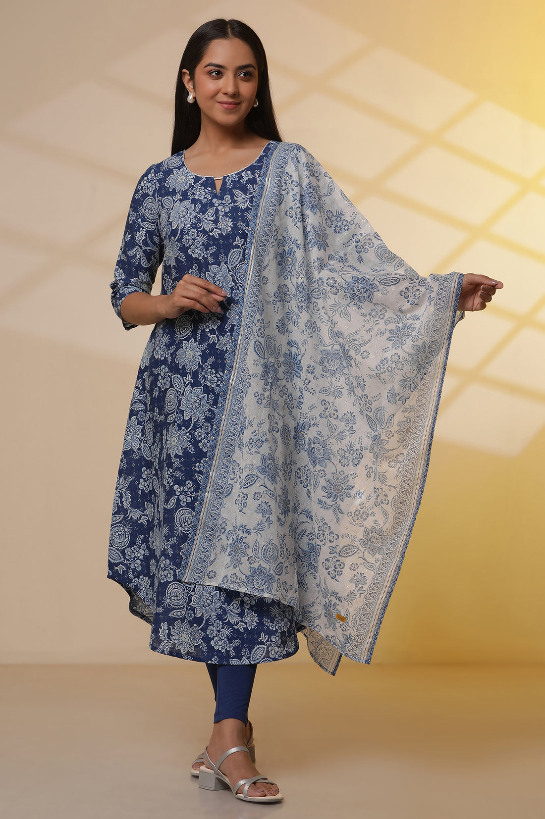 Blue Floral Printed A-line Kurta, Tights and Dupatta Set