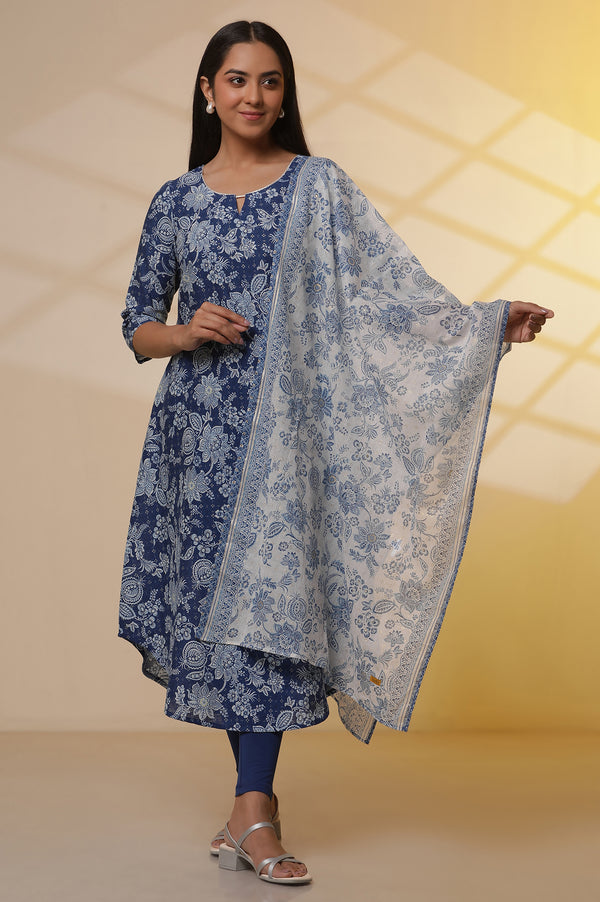 Blue Floral Printed A-line Kurta, Tights and Dupatta Set