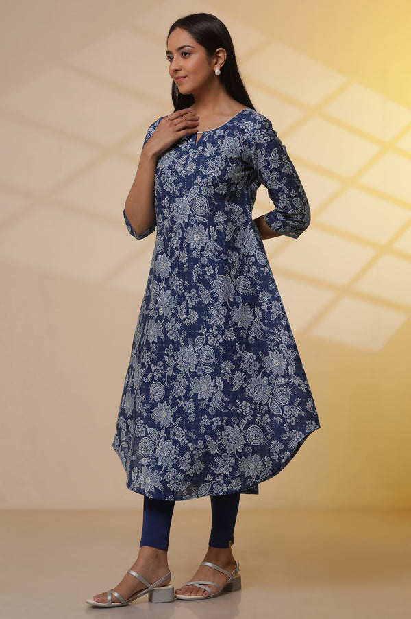 Blue Floral Printed A-line Kurta, Tights and Dupatta Set