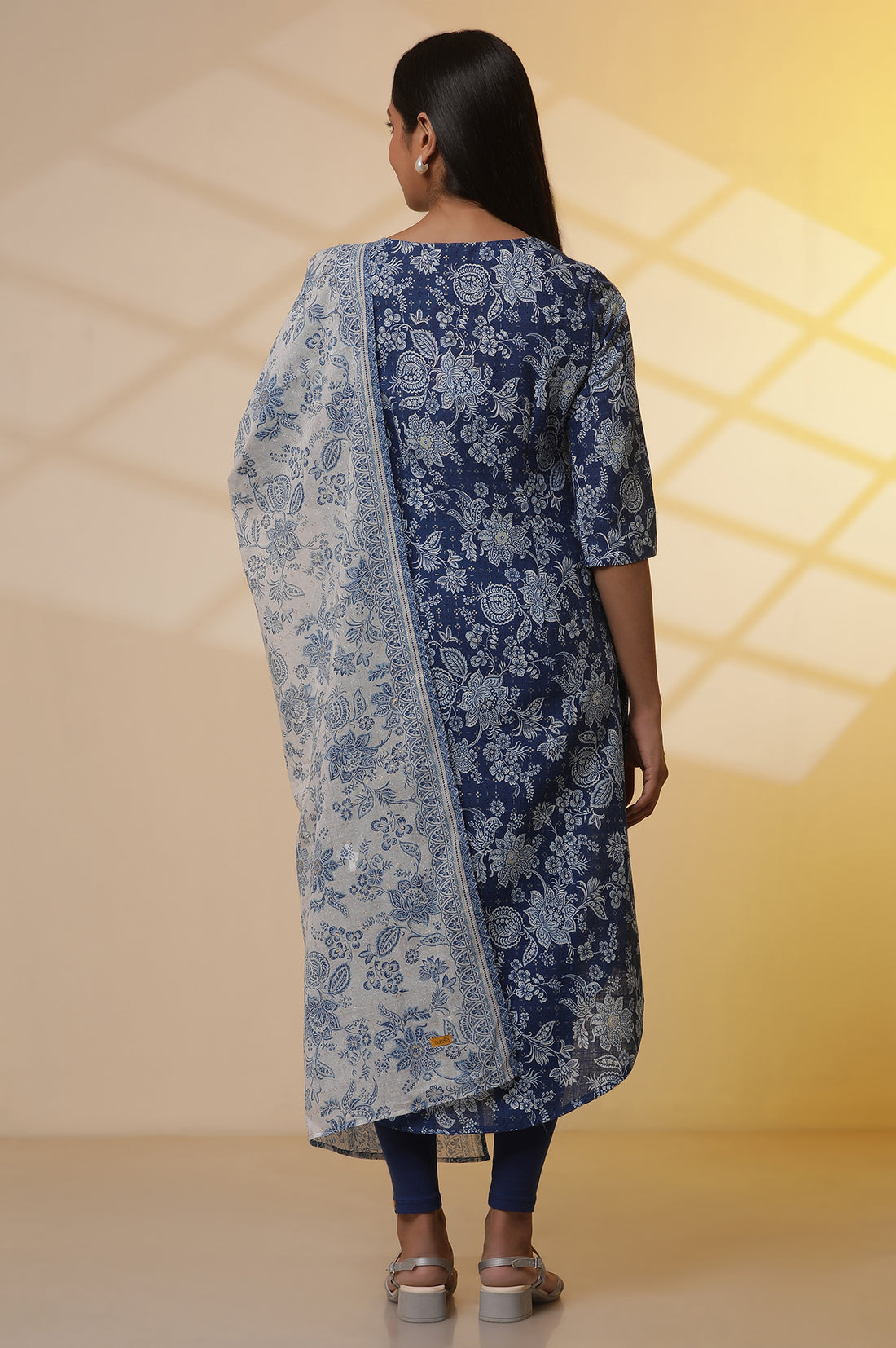 Blue Floral Printed A-line Kurta, Tights and Dupatta Set
