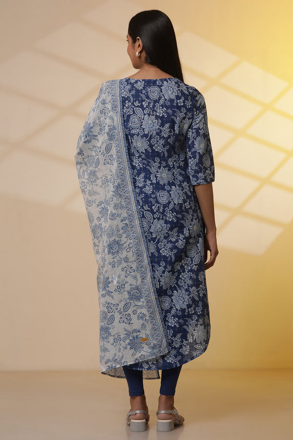 Blue Floral Printed A-line Kurta, Tights and Dupatta Set